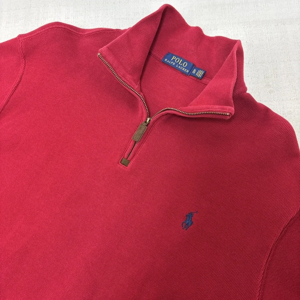 Polo Ralph Lauren Mens XL Red 100% Cotton 1/4‎ Zip Pullover Sweater Blue Pony